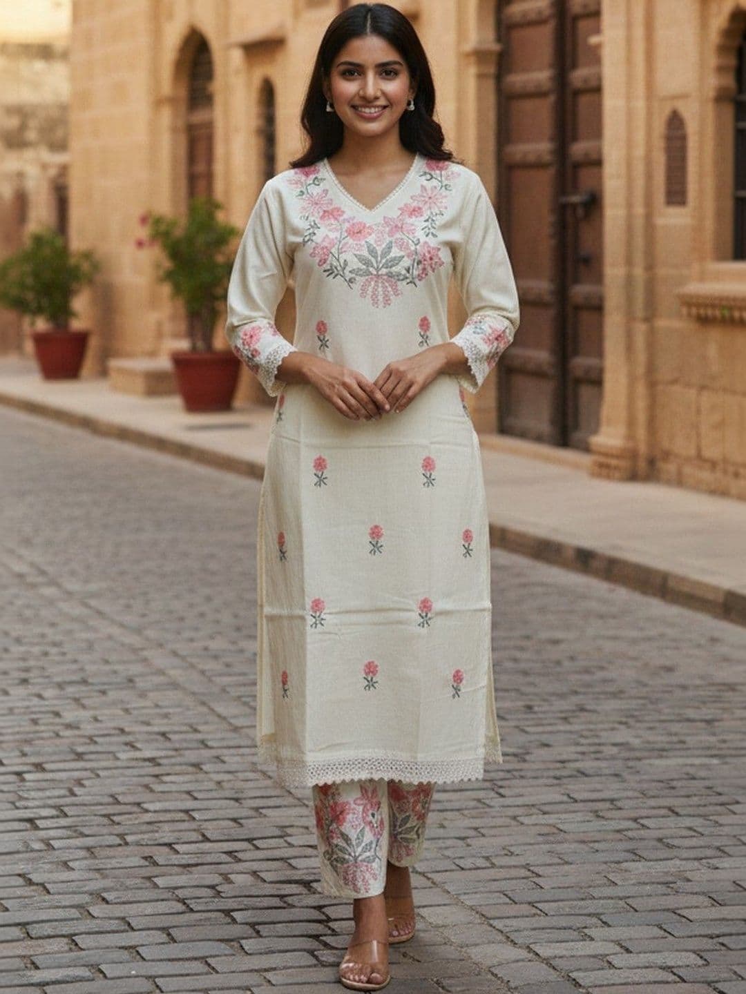 Moda Rapido Women Floral Embroidered Regular Thread Work Pure Cotton Kurta with Trousers - view 1
