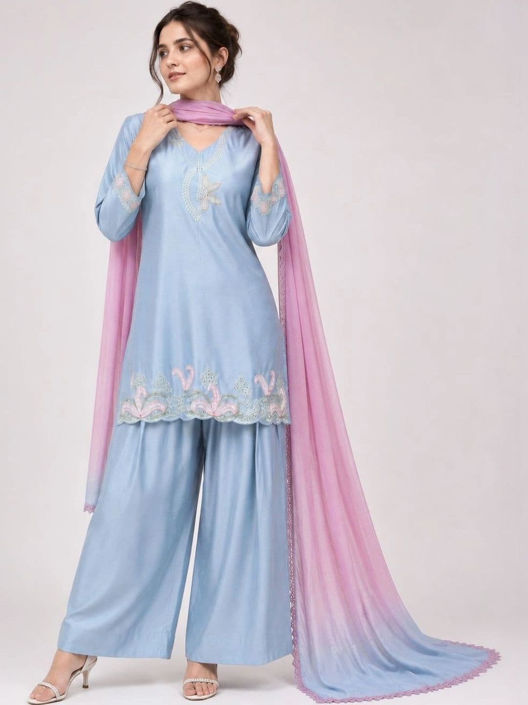 Sangria Women Ethnic Motifs Embroidered Regular Thread Work Kurta with Palazzos & With Dupatta - view 1