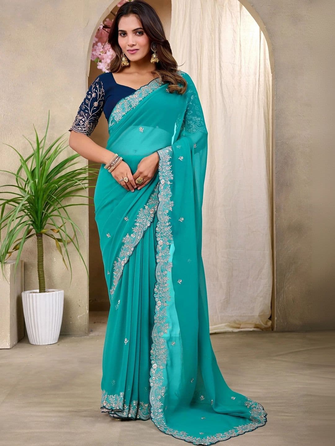 Elite Fashion Floral Embroidered Pure Georgette Heavy Work Saree - view 1