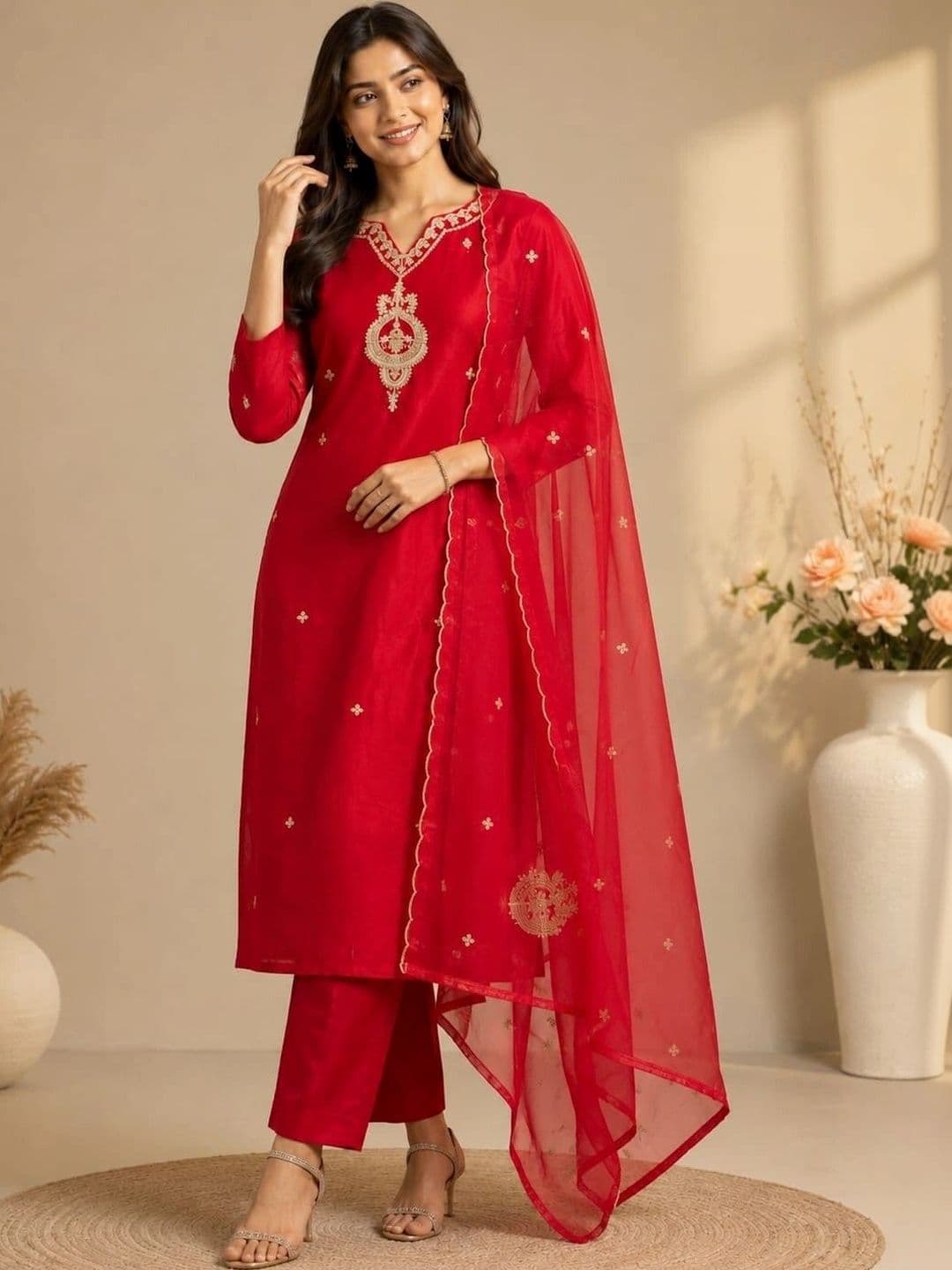 House of Pataudi Women Ethnic Motifs Embroidered Regular Pure Silk Kurta with Trousers & With Dupatta - view 1