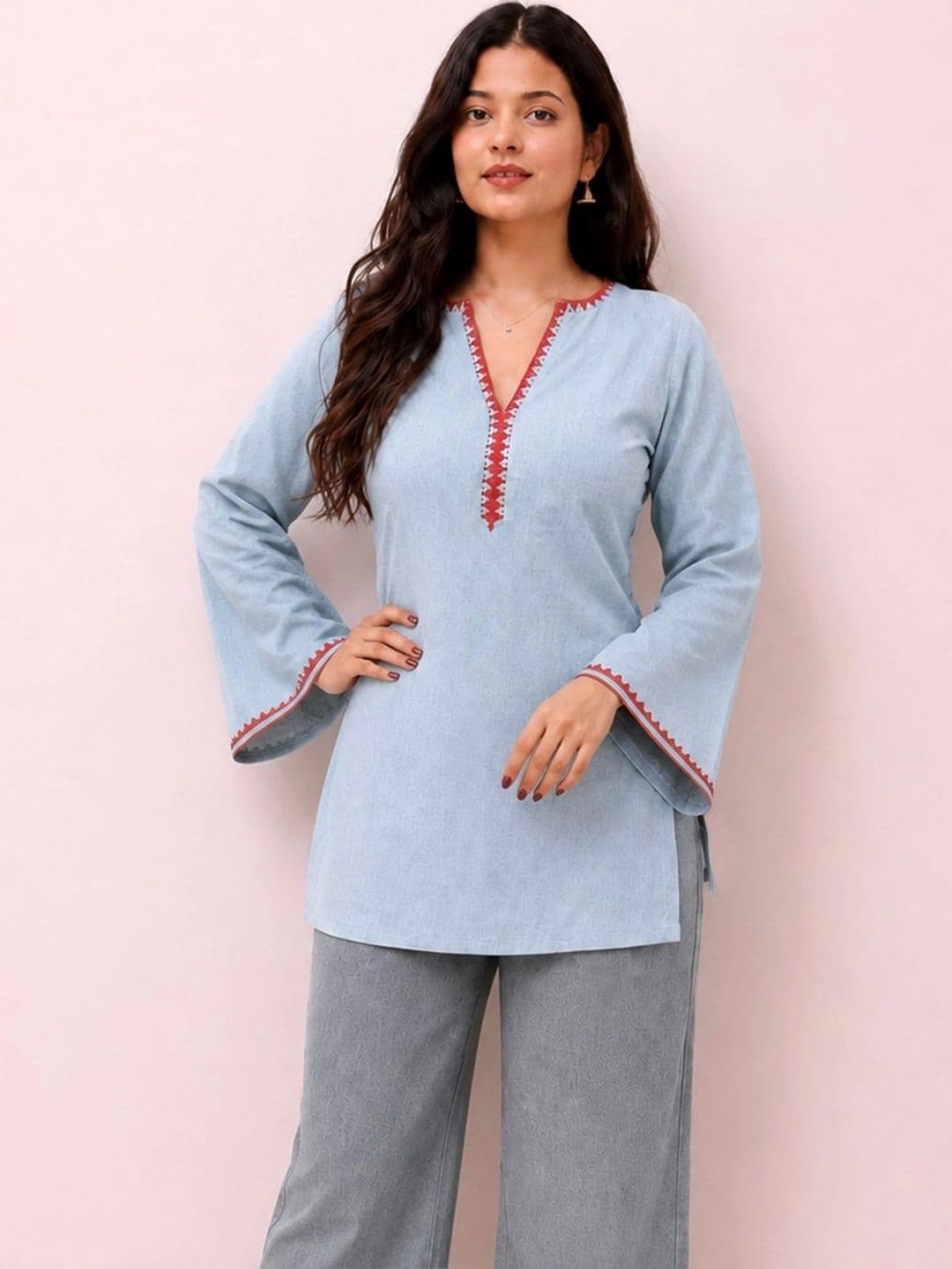 SZN Embroidered V-Neck Flared Sleeves Kurti - view 1
