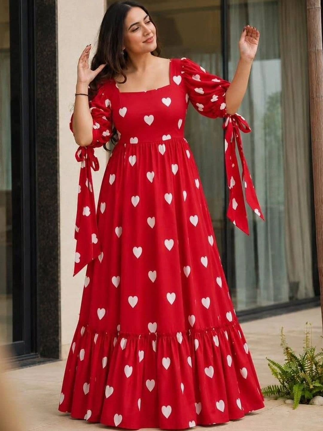 Sangria Heart Printed Cotton Square Neck Fit & Flare Maxi Ethnic Dress - view 1