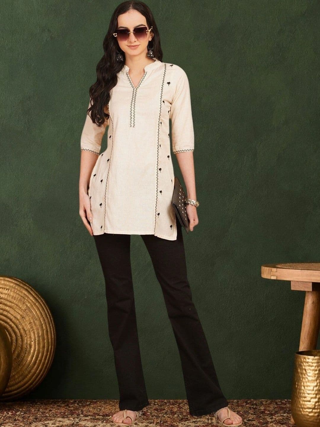 Sangria Women Ethnic Motifs Embroidered Thread Work Khadi Kurta - view 1