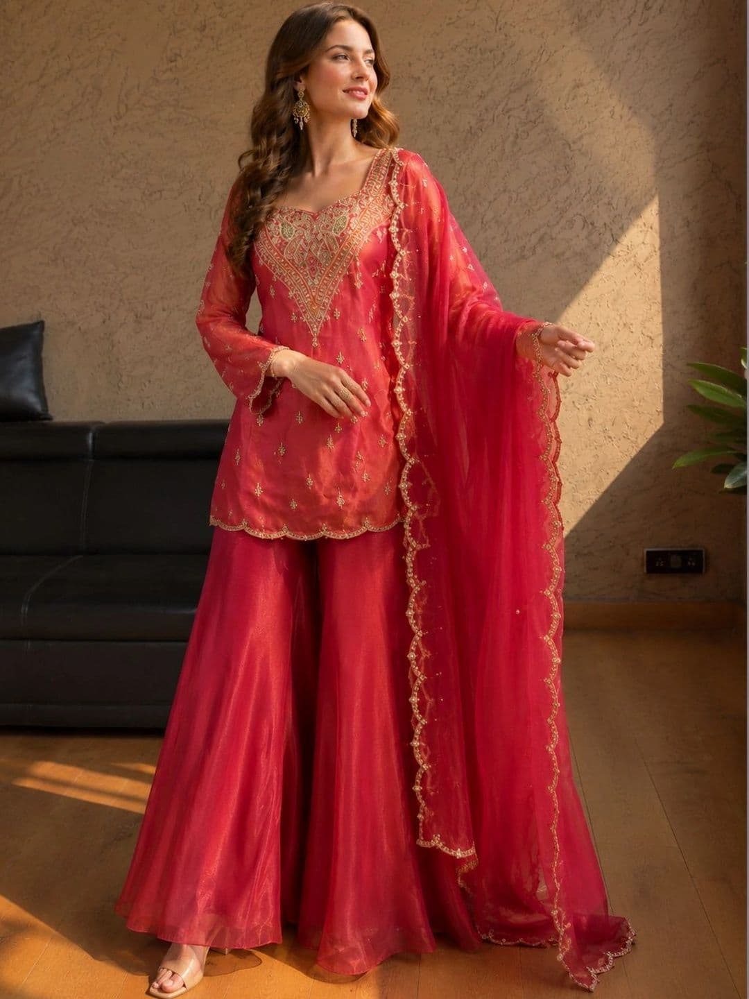 Sangria Women Ethnic Motifs Embroidered Dupion Silk Kurti with Sharara & Dupatta Set - view 1