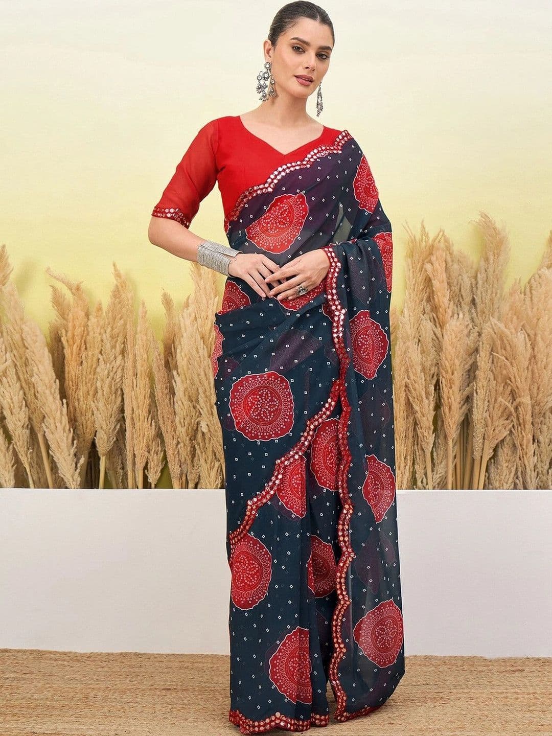 Satrani Bandhani Mirror Work Pure Georgette Saree - view 1