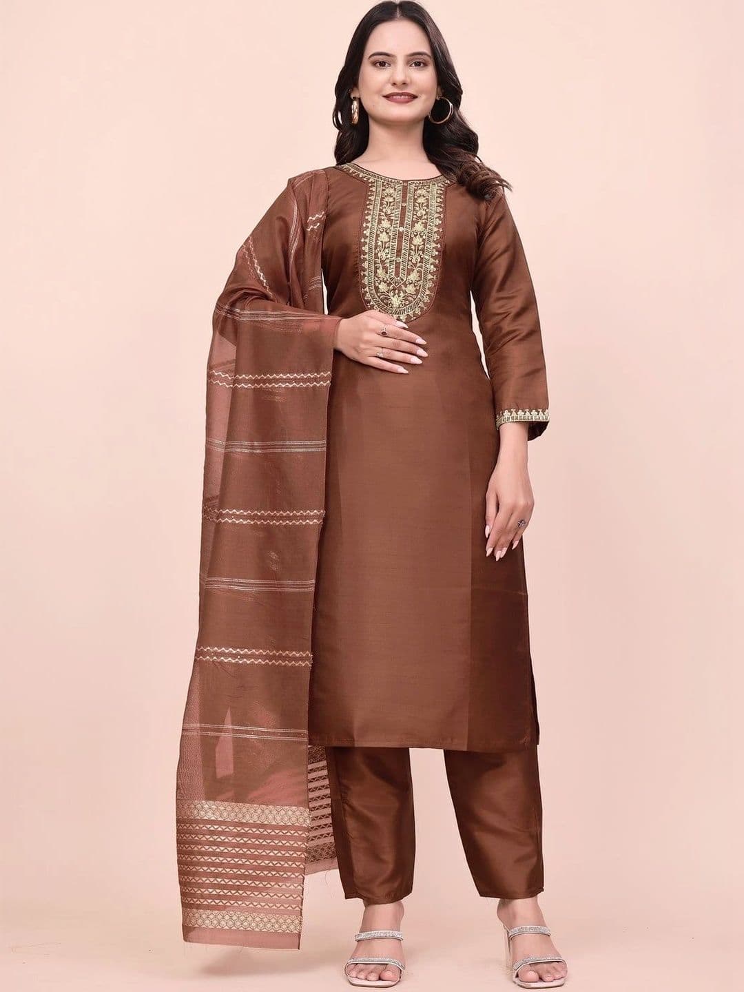 Sangria Women Ethnic Motifs Embroidered Regular Thread Work Kurta with Trousers & With Dupatta - view 1