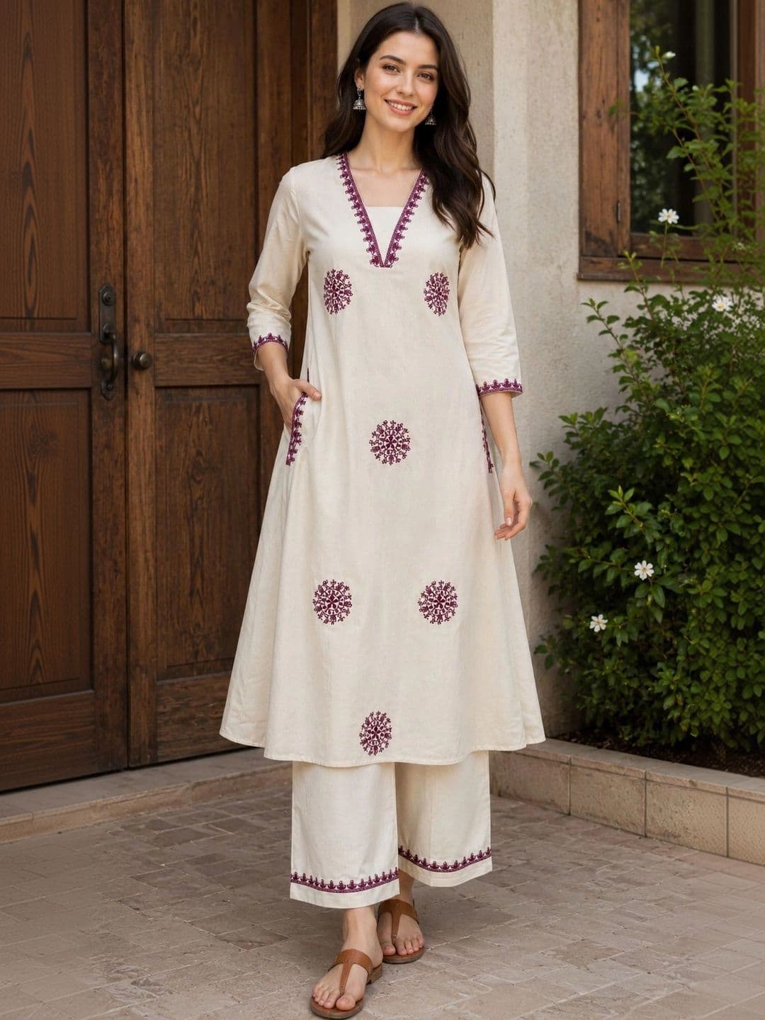 HIVA TRENDZ Women Ethnic Motifs Embroidered Regular Thread Work Pure Cotton Kurta with Palazzos - view 1