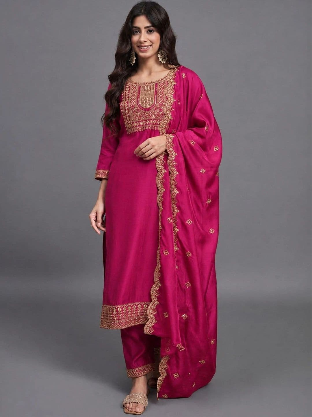 Ethnic 3 You Women Ethnic Motifs Embroidered Regular Kurta with Trousers & With Dupatta - view 1