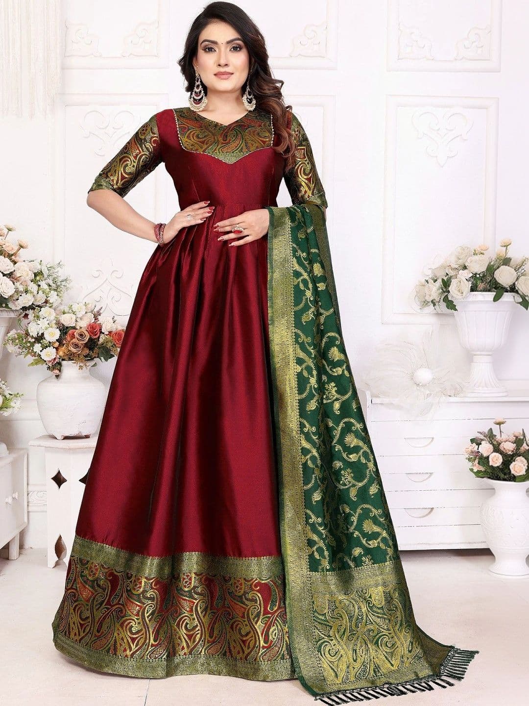 Kinjhit Fashion Woven Design V-Neck Fit & Flare Ethnic Dresses With Dupatta - view 1