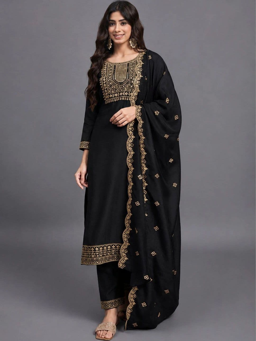Ethnic 3 You Women Ethnic Motifs Embroidered Regular Kurta with Trousers & With Dupatta - view 1