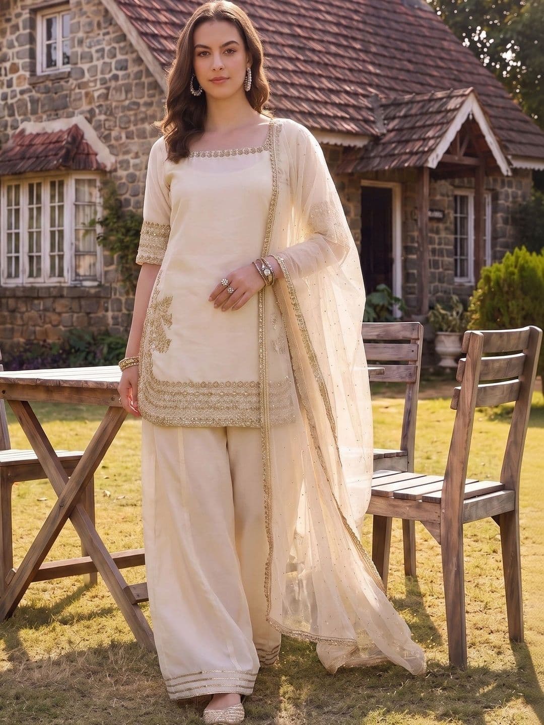 Sangria Women Ethnic Motifs Embroidered Regular Silk Chiffon Kurta with Sharara & With Dupatta - view 1