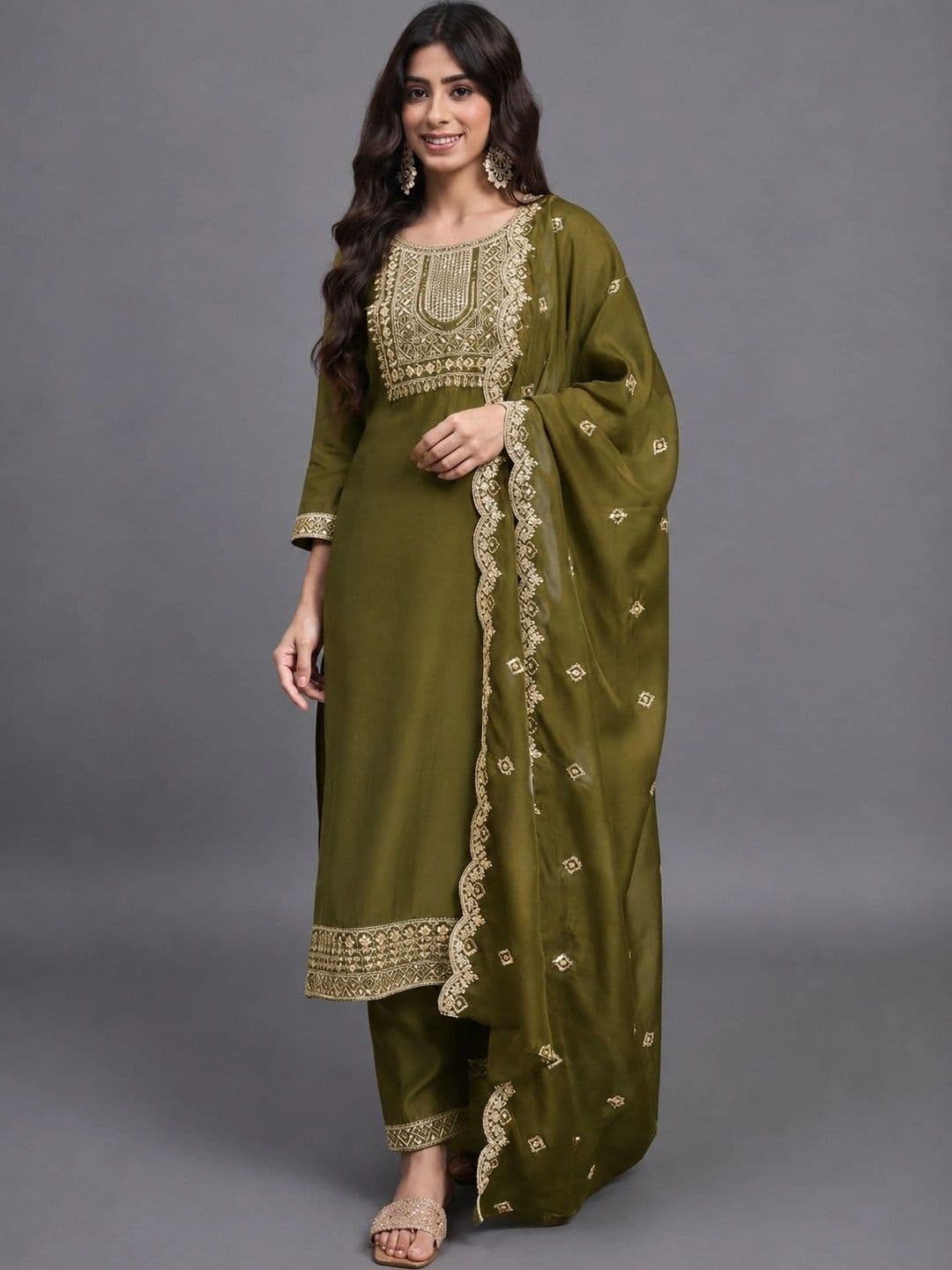 Ethnic 3 You Women Ethnic Motifs Embroidered Regular Kurta with Trousers & With Dupatta - view 1