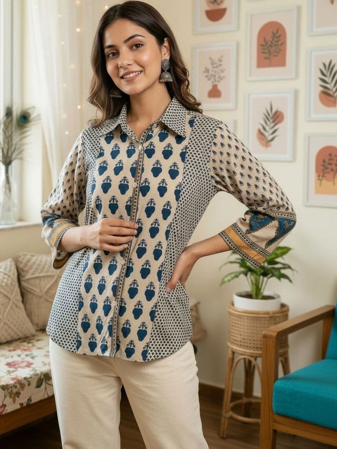 Anouk Ethnic Motifs Printed Shirt Collar Pure Cotton Blend Kurti - view 1