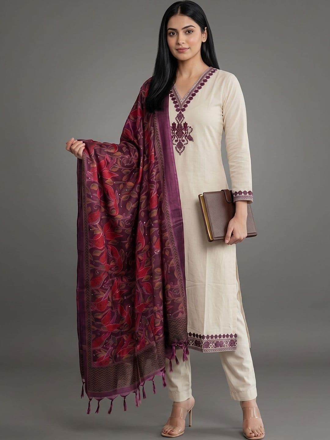 Navibhu Smart Women Floral Embroidered Regular Thread Work Kurta with Trousers & With Dupatta - view 1