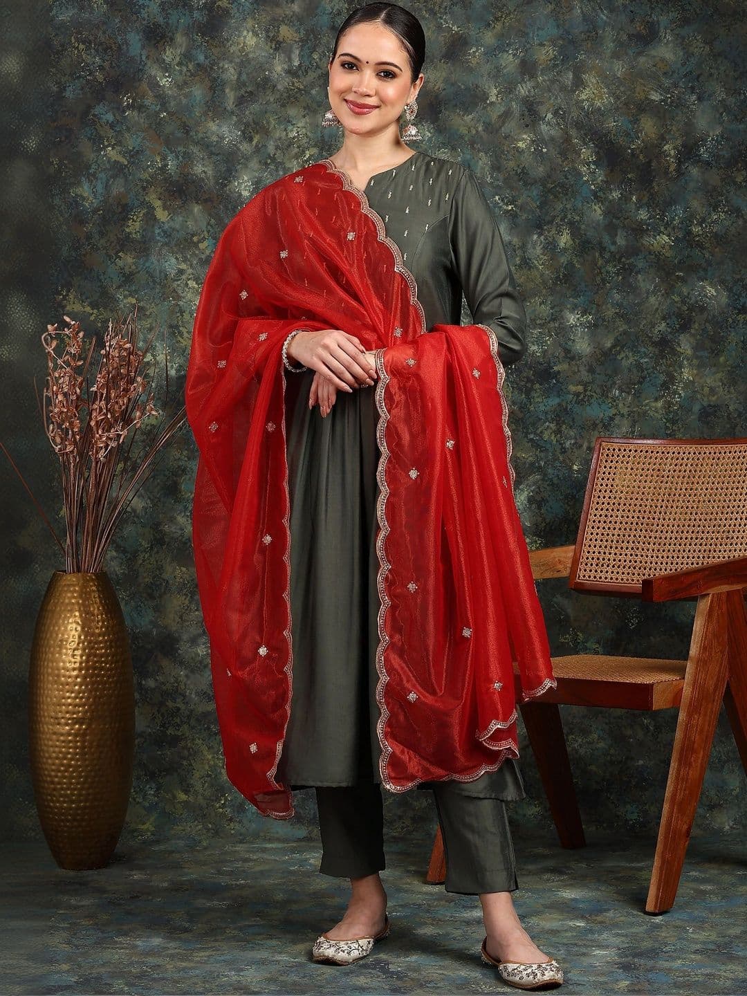 Dulha Dulhan Embroidered Dupatta with Thread Work - view 1
