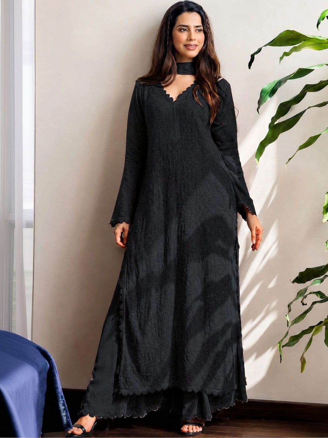 Meghrika Ethnics Women Ethnic Motifs Embroidered Regular Thread Work Kurta with Palazzos & With Dupatta - view 1