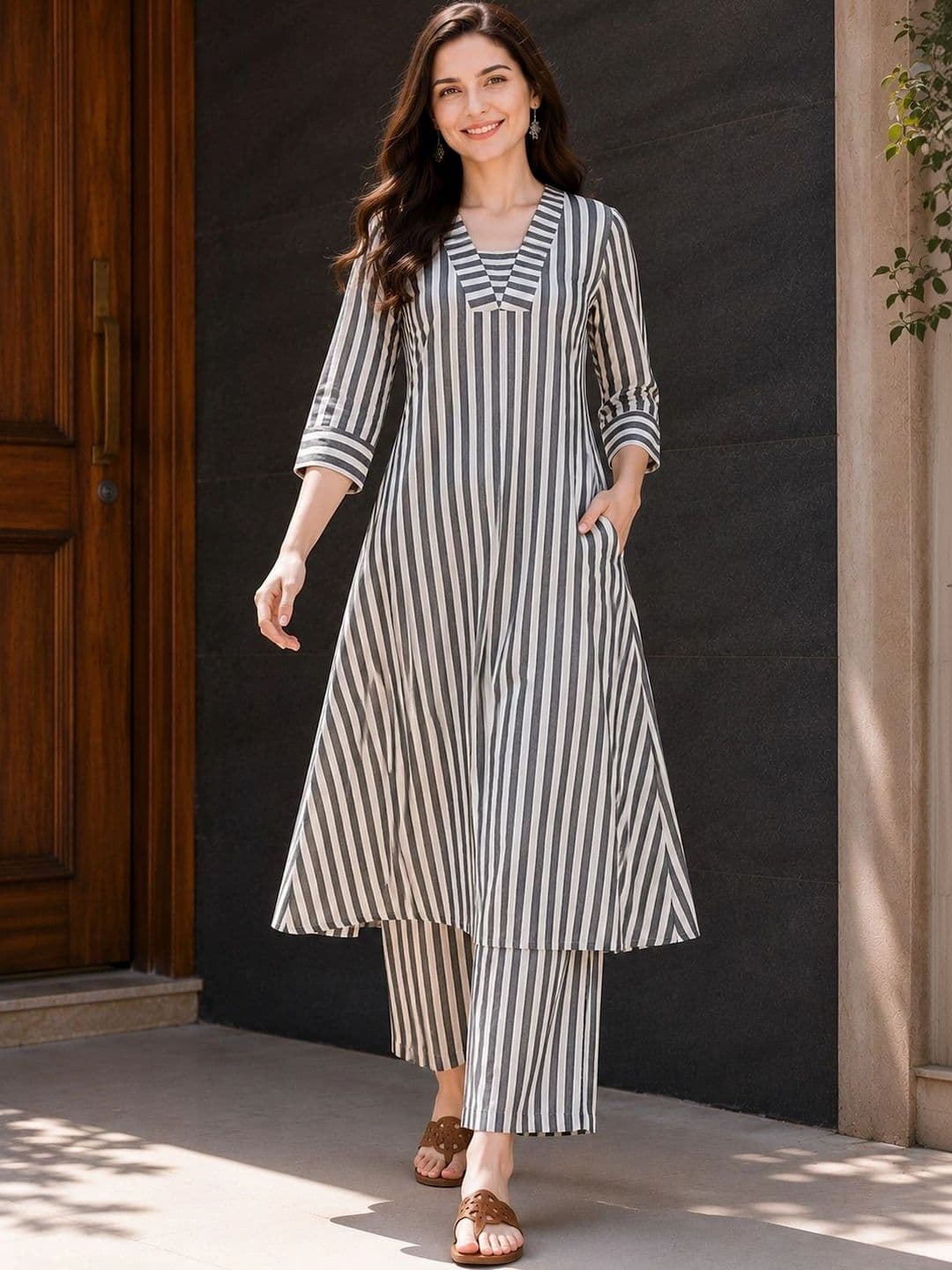 HIVA TRENDZ Women Striped Regular Pure Cotton Kurta with Palazzos - view 1