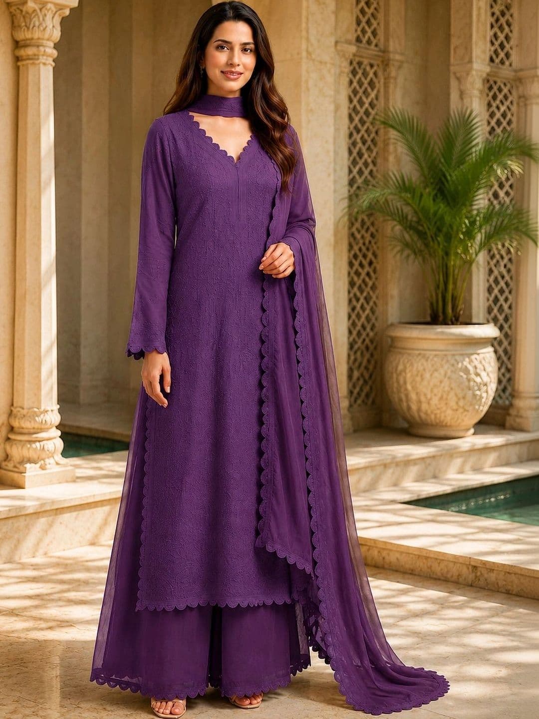 Meghrika Ethnics Women Ethnic Motifs Embroidered Regular Chikankari Kurta with Palazzos & With Dupatta - view 1