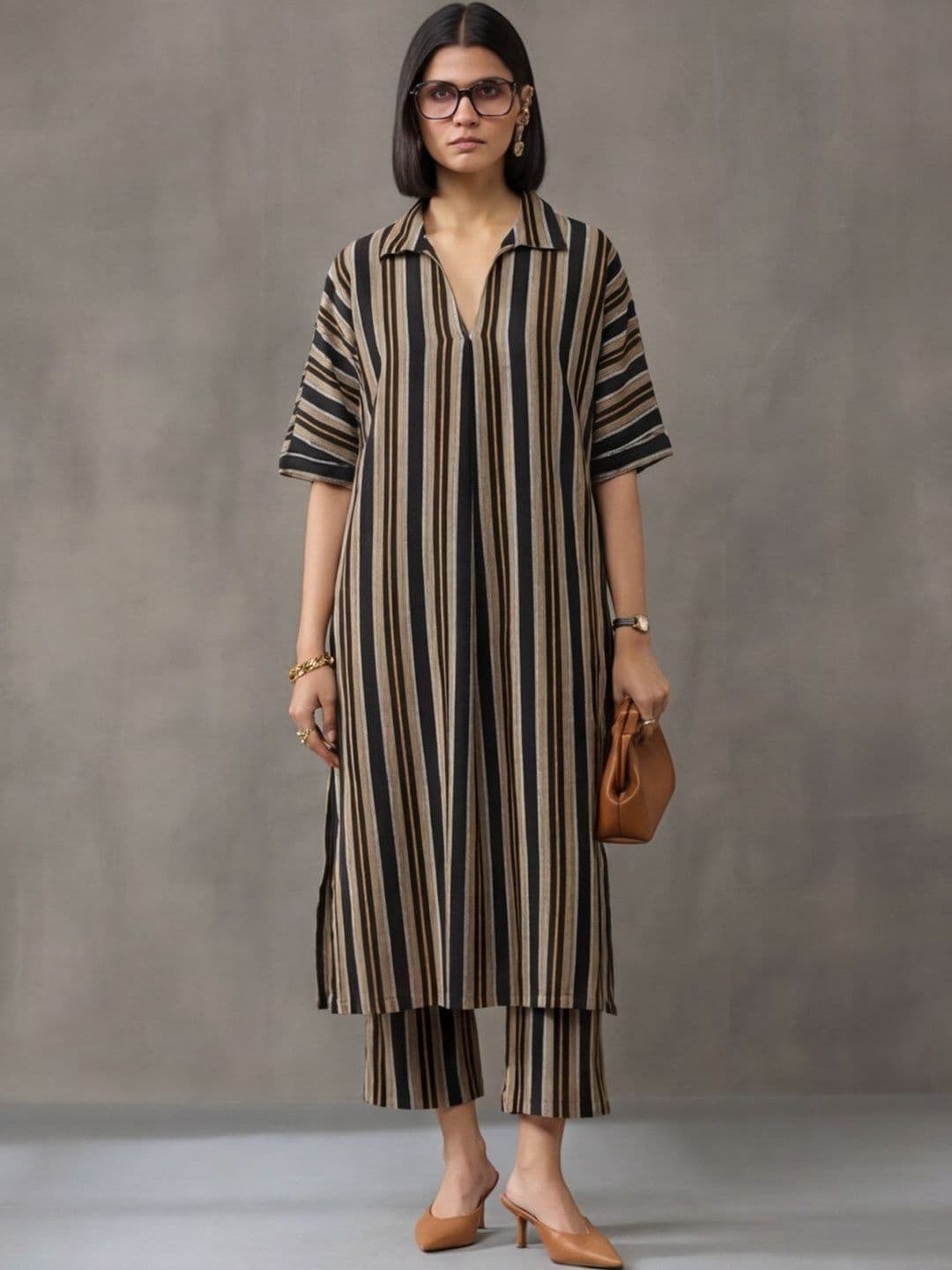 Navibhu Workwear Women Striped Regular Pure Cotton Kurta with Trousers - view 1