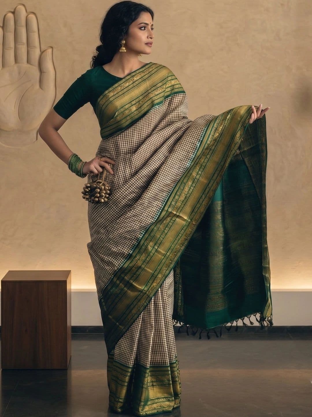 RUTVA FASHION Checked Zari Art Silk Banarasi Saree - view 1