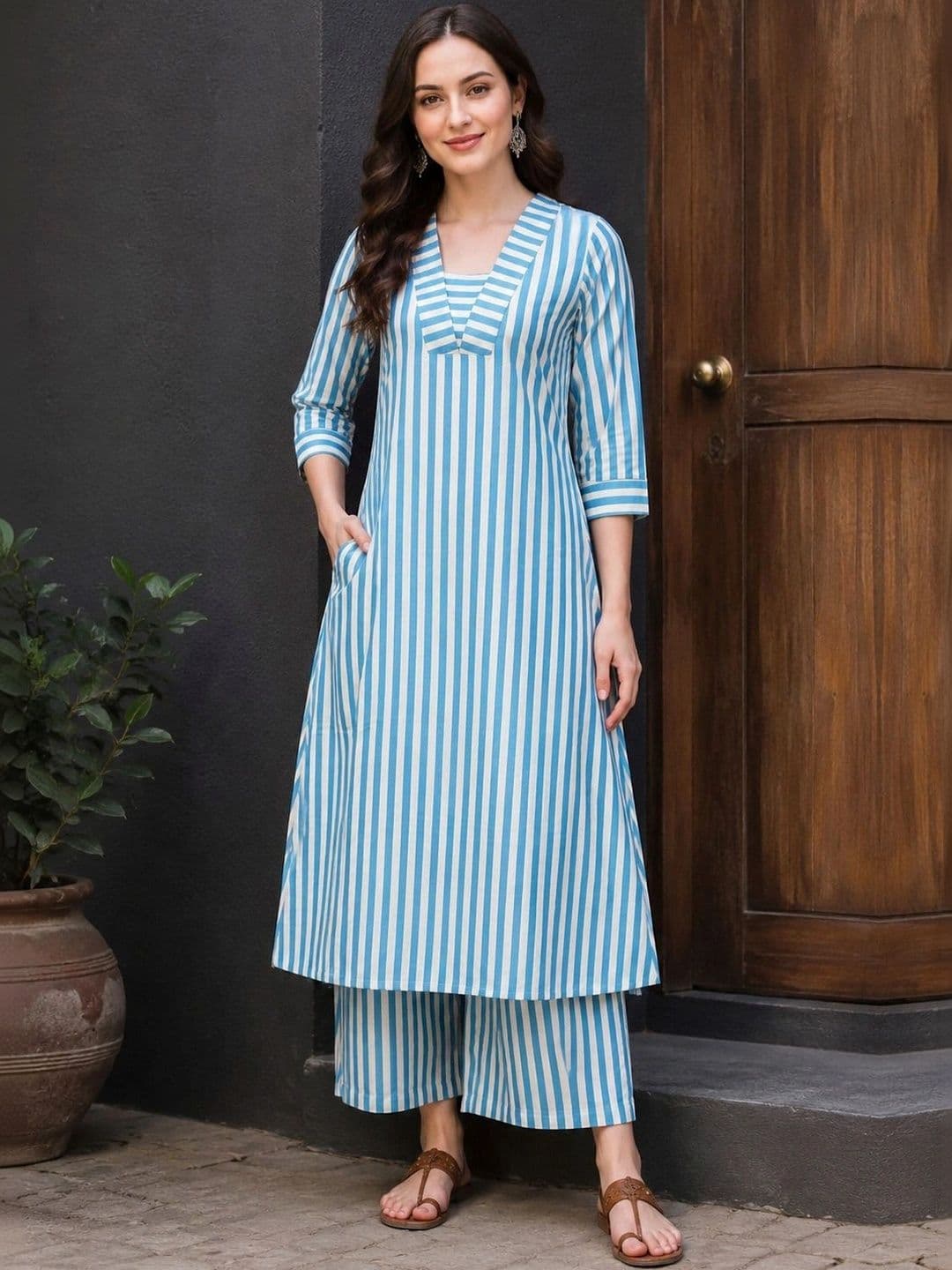 HIVA TRENDZ Women Striped Regular Pure Cotton Kurta with Palazzos - view 1
