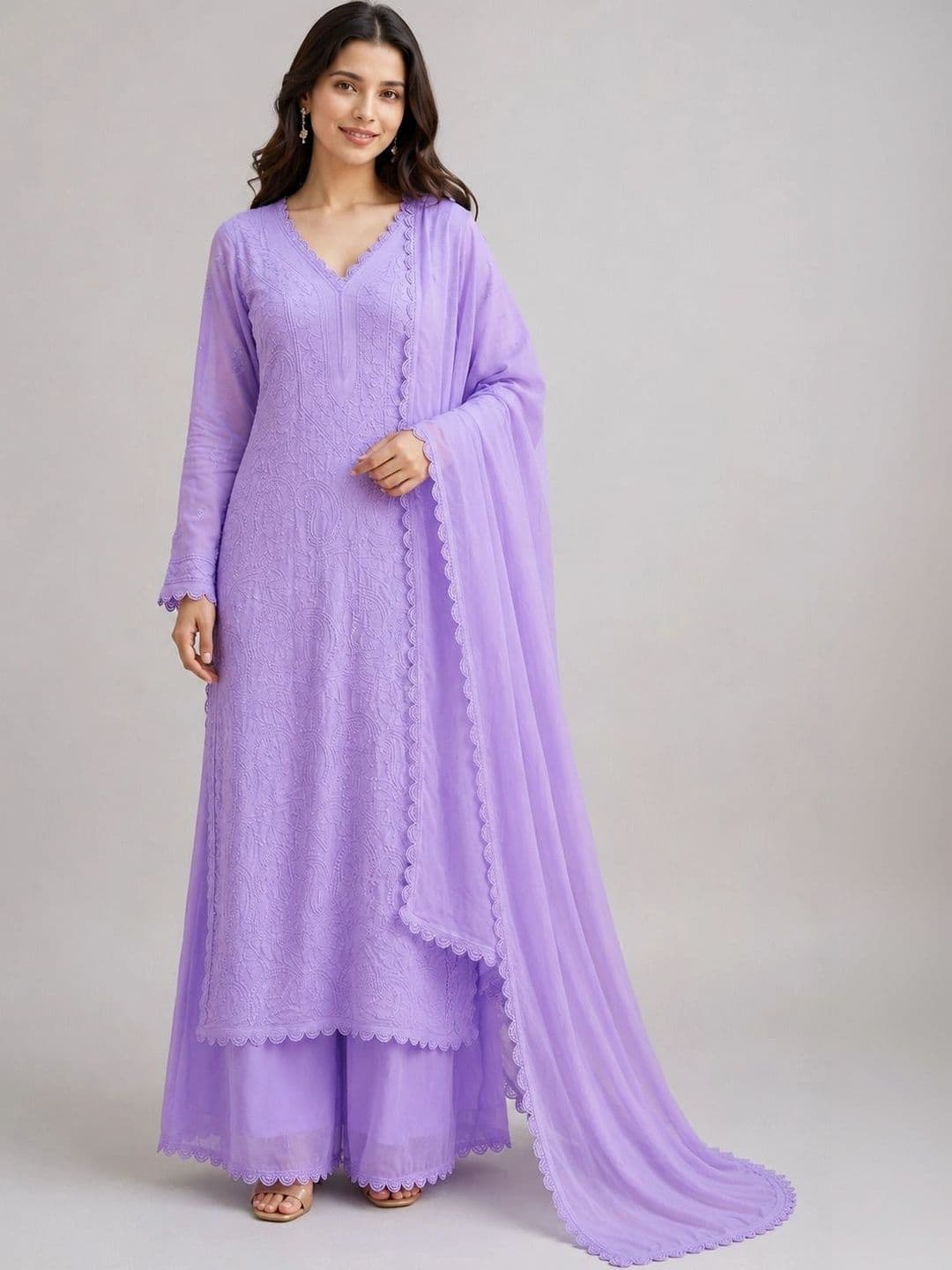 Meghrika Ethnics Women Ethnic Motifs Embroidered Regular Chikankari Kurta with Palazzos & With Dupatta - view 1