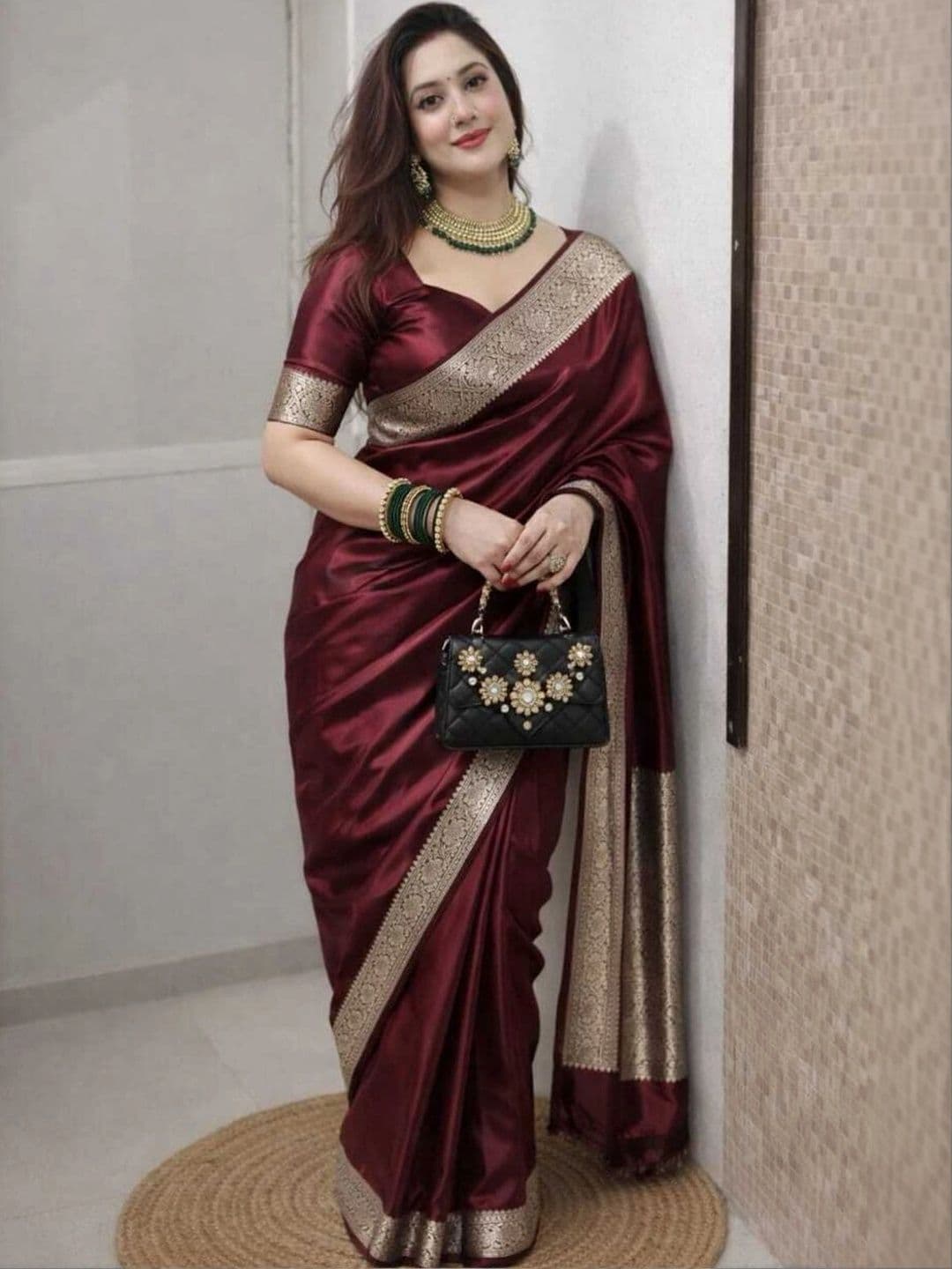 FASHION SENSE Woven Design Embroidered Satin Banarasi Saree - view 1