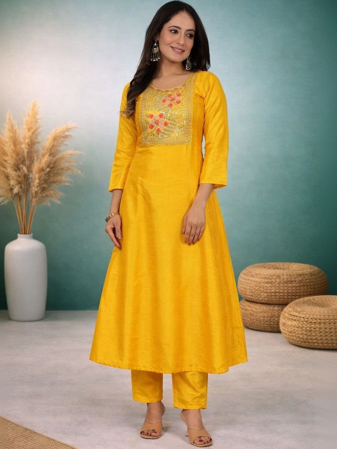 Sangria Floral Embroidered Tunic with Trousers - view 1