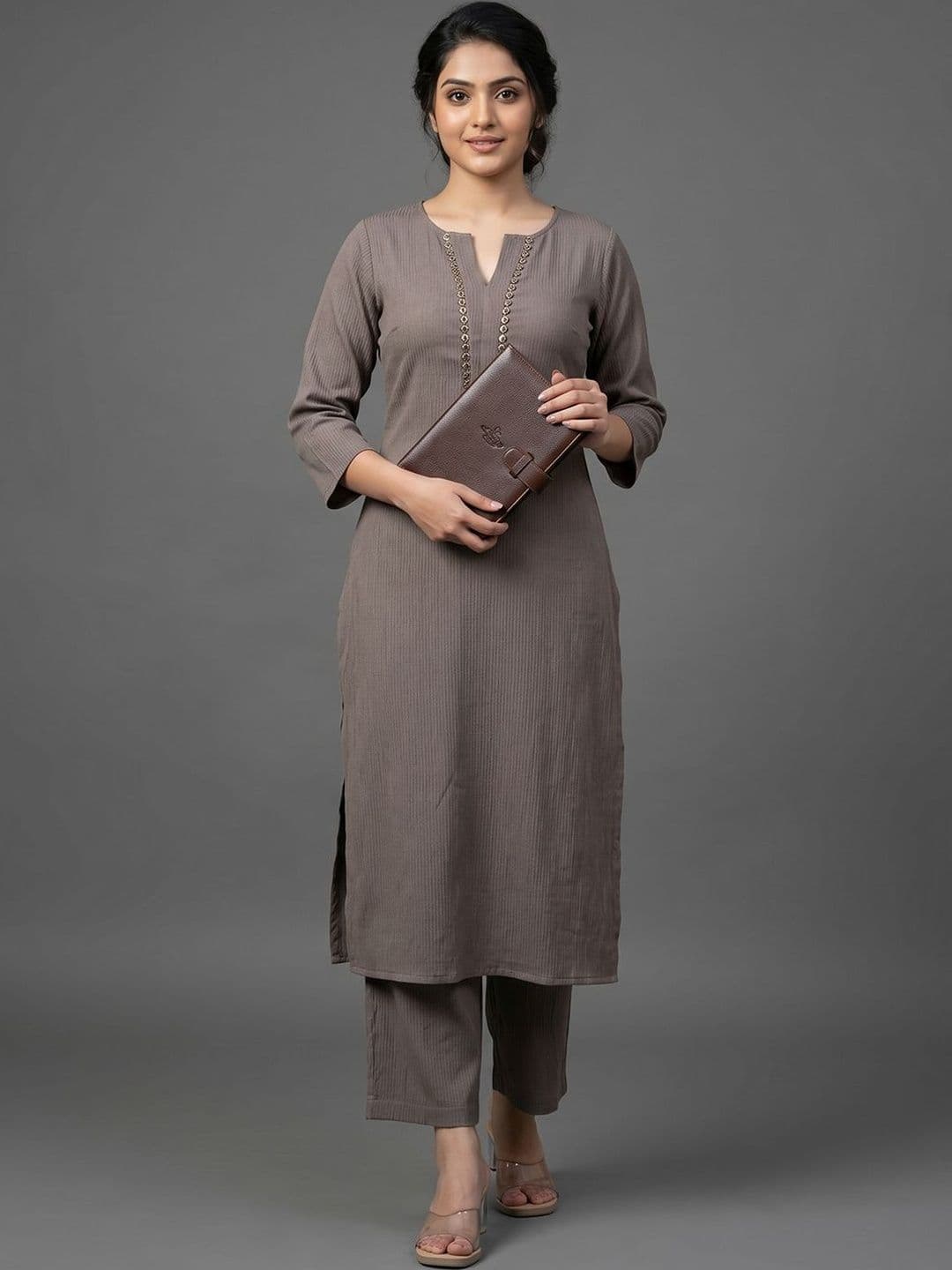 Navibhu Smart Women Regular Thread Work Silk Crepe Kurta with Trousers - view 1
