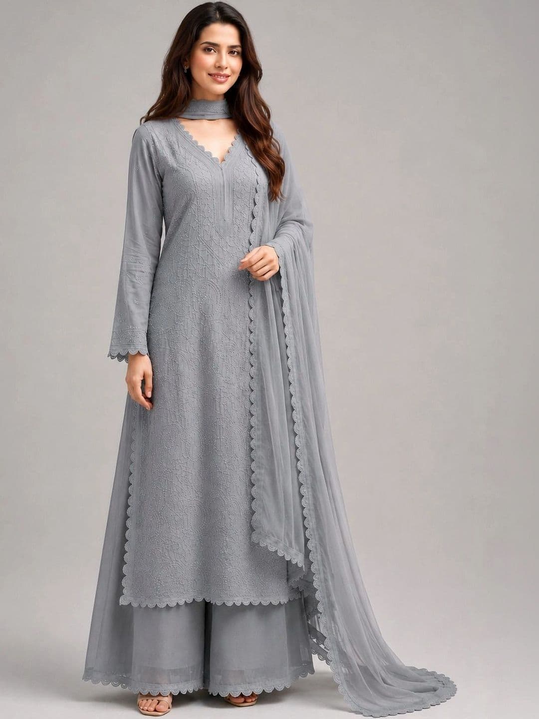 Meghrika Ethnics Women Ethnic Motifs Embroidered Regular Chikankari Kurta with Palazzos & With Dupatta - view 1