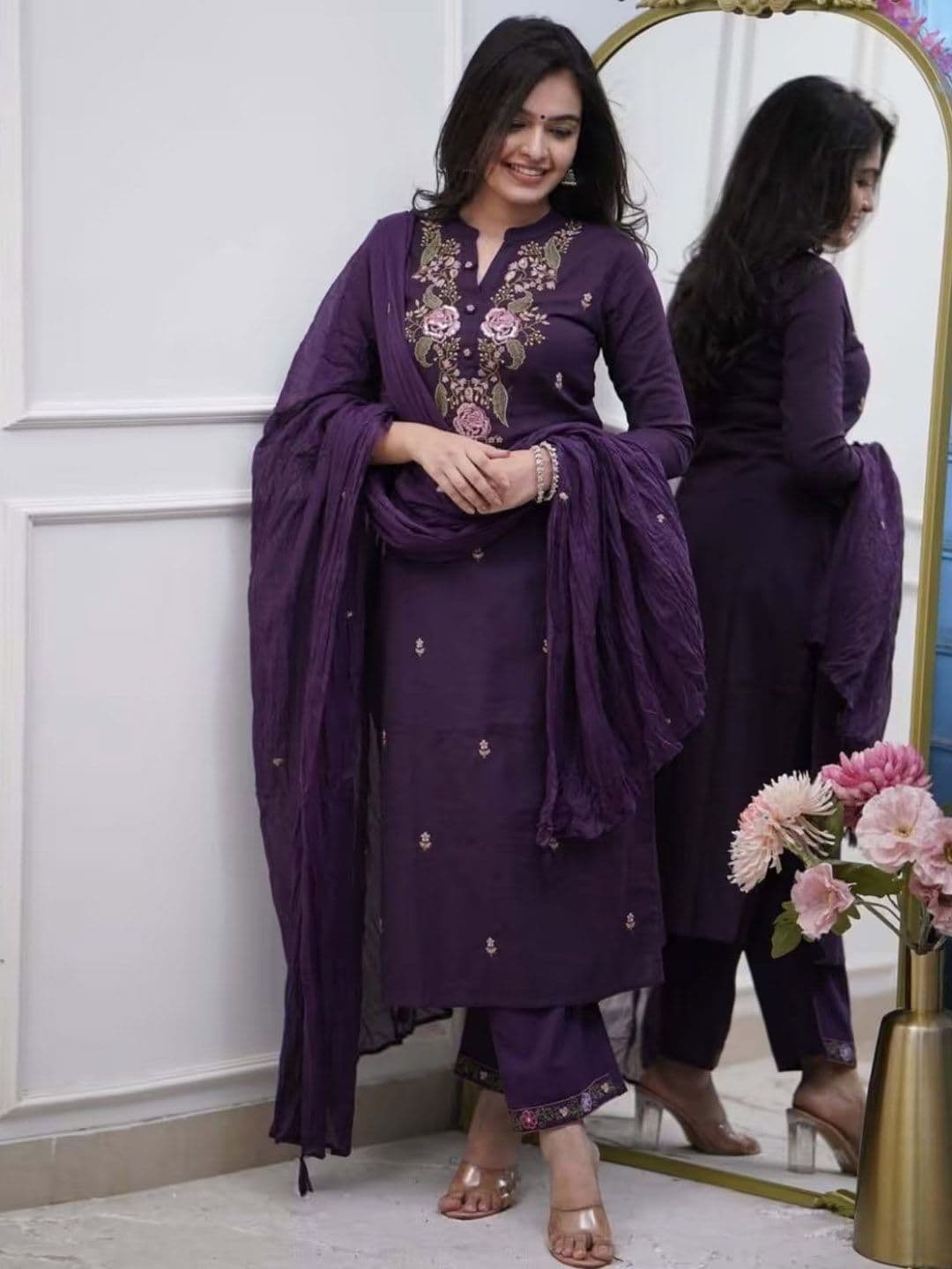 Anouk Floral Embroidered Thread Work Pure Cotton Kurta with Palazzos & With Dupatta - view 1