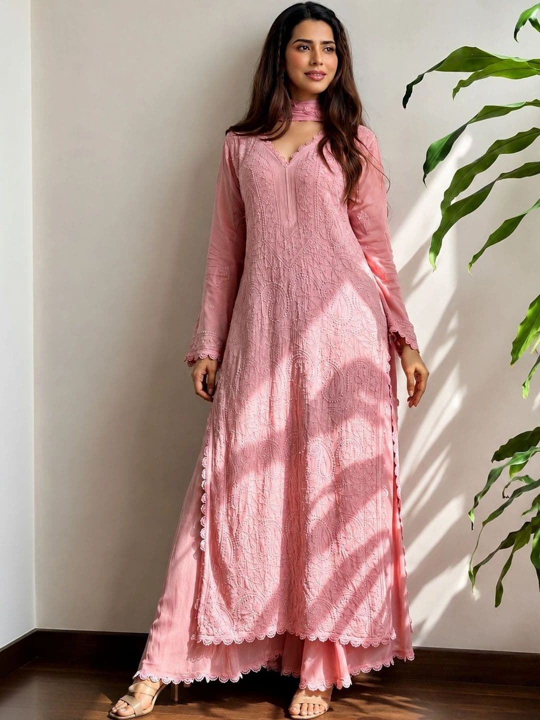 Meghrika Ethnics Women Ethnic Motifs Embroidered Regular Chikankari Kurta with Palazzos & With Dupatta - view 1