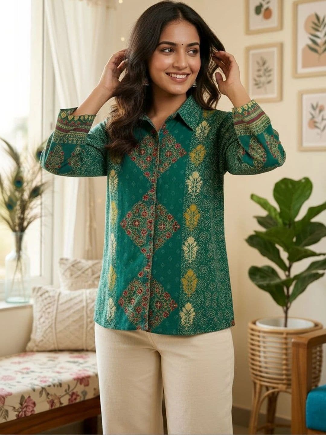 Anouk Ethnic Motifs Printed Shirt Collar Pure Cotton Blend Kurti - view 1