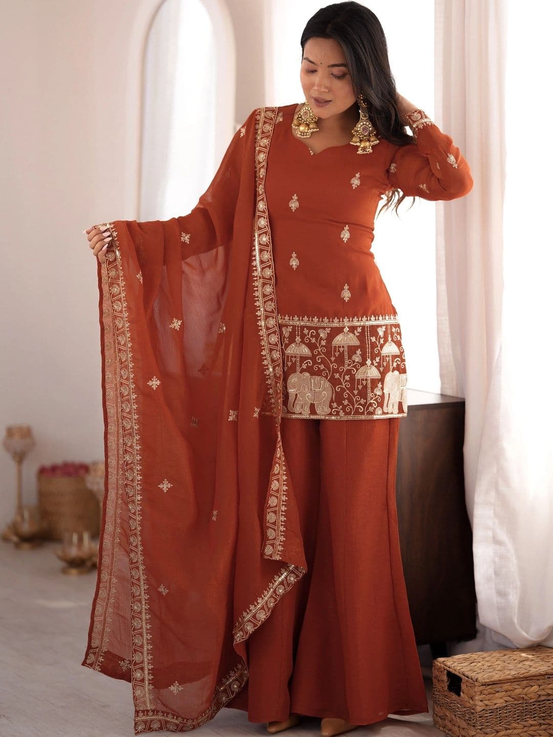 Sangria Women Ethnic Motifs Embroidered Regular Kurta with Sharara & With Dupatta - view 1