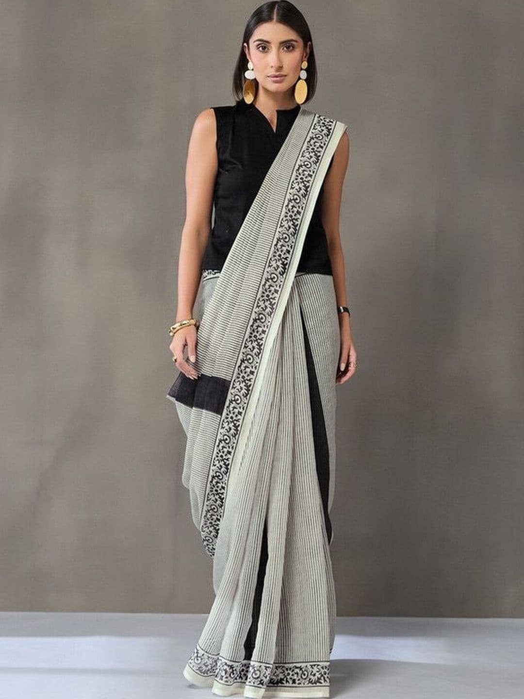 Navibhu Contemporary Handloom Striped Pure Linen Saree - view 1