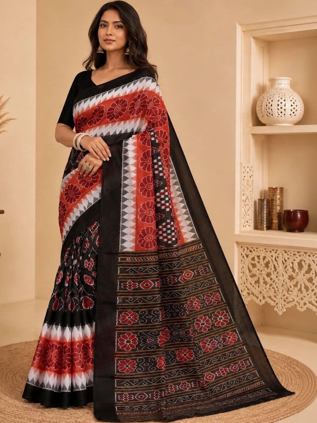 HERE&NOW X Minu Fashions Ethnic Motifs Pure Cotton Ikat Saree - view 1