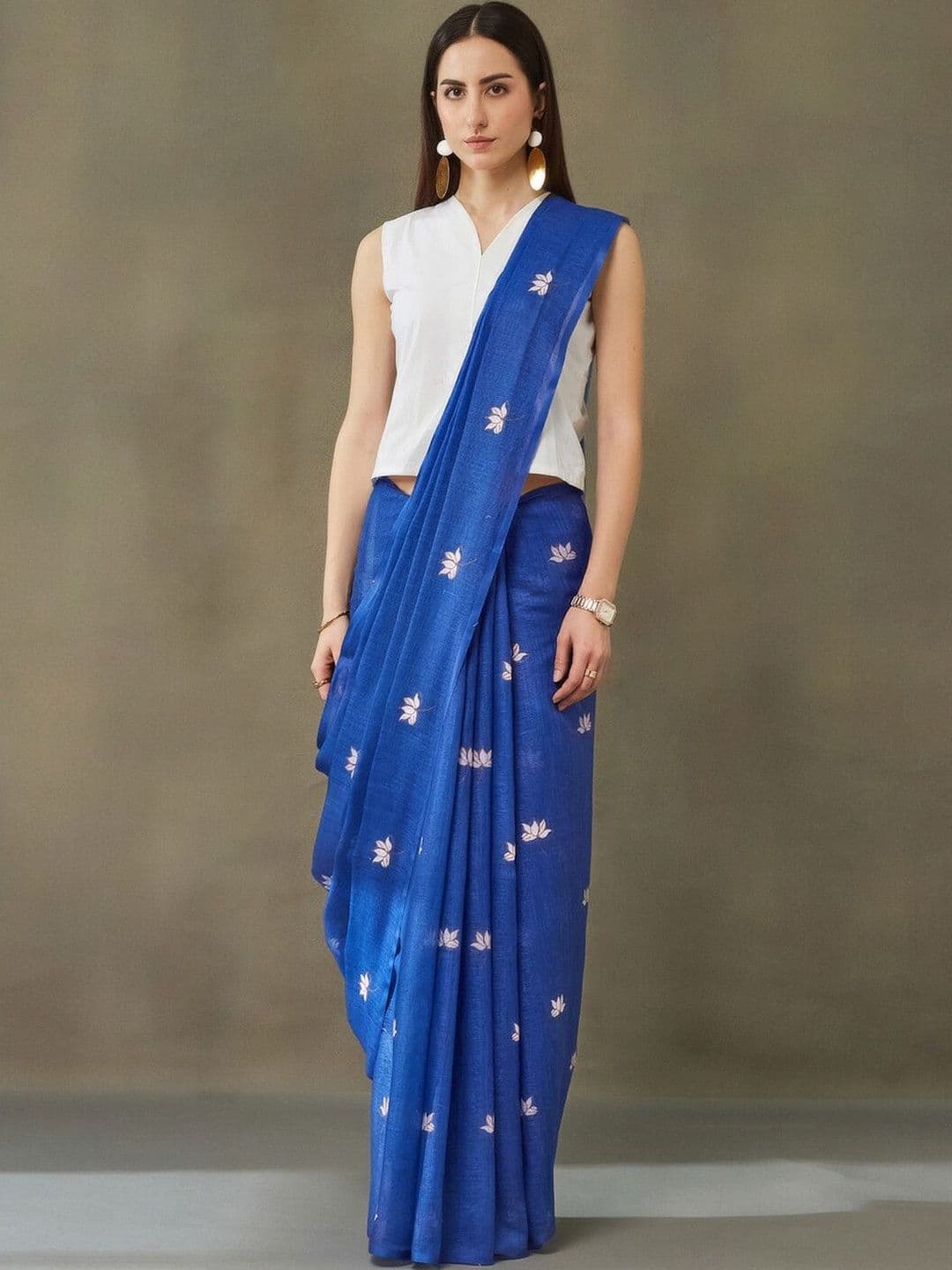 Navibhu Tailored Woven Design Embroidered Pure Linen Saree - view 1
