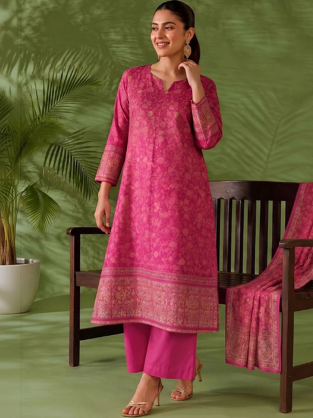 Varanga Women Ethnic Motifs Printed Regular Chanderi Silk Kurta with Trousers & With Dupatta - view 1