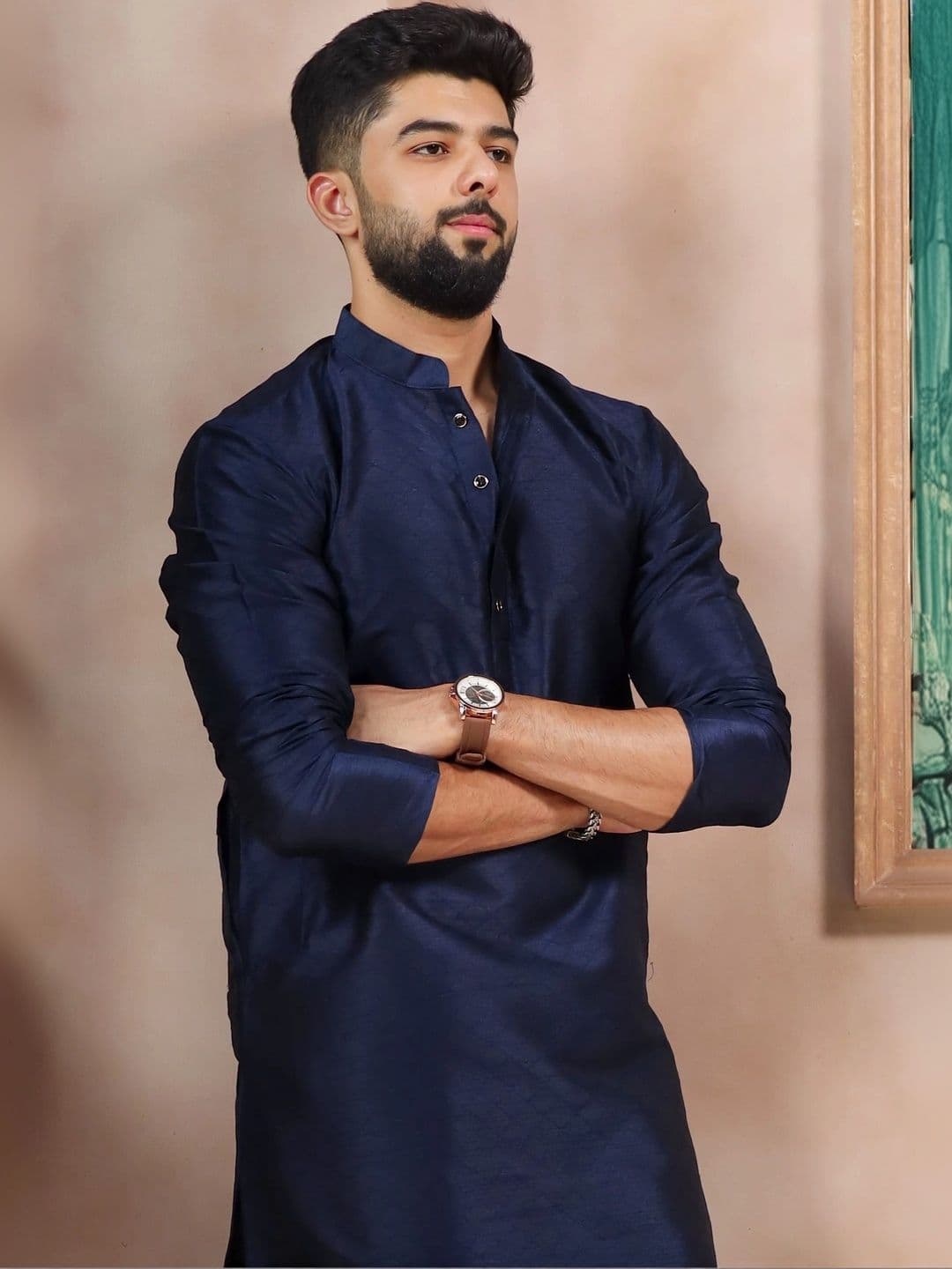 Koshin Geometric Woven Design Mandarin Collar Jacquard Silk Straight Kurta - view 1