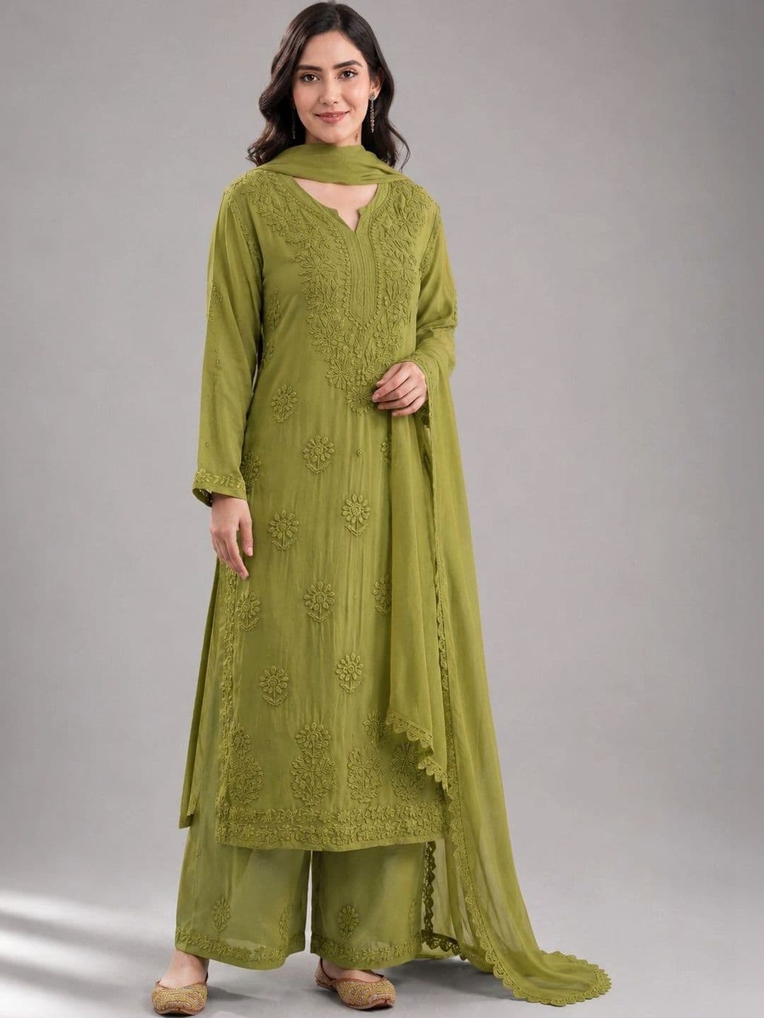 Meghrika Ethnics Women Ethnic Motifs Embroidered Regular Thread Work Kurta with Palazzos & With Dupatta - view 1