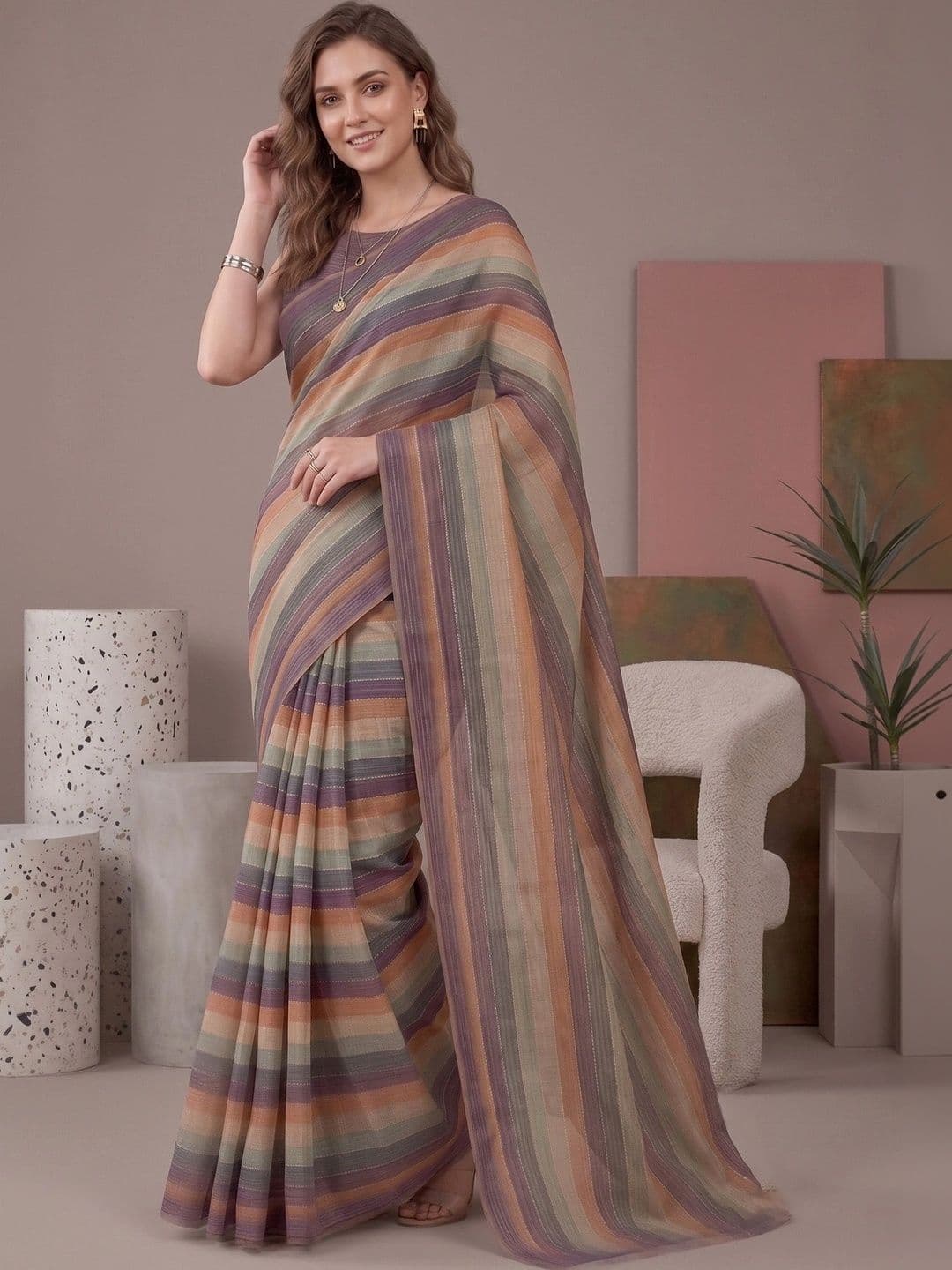 Sangria Striped Linen Blend Handloom Saree - view 1