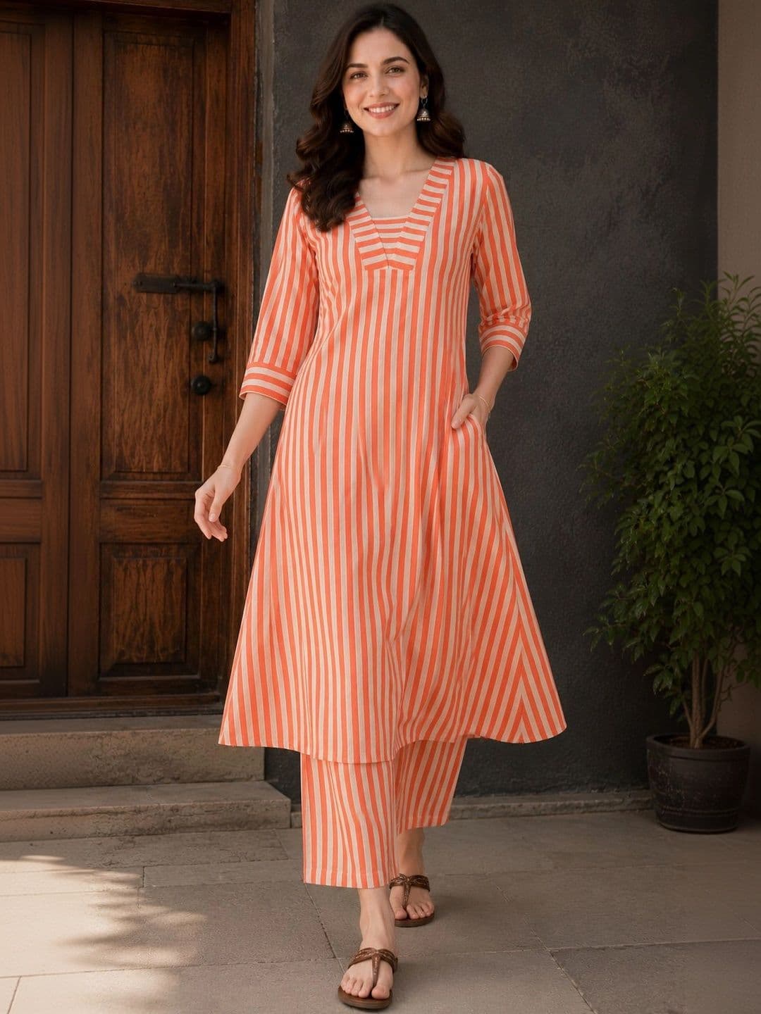 HIVA TRENDZ Women Striped Regular Pure Cotton Kurta with Palazzos - view 1