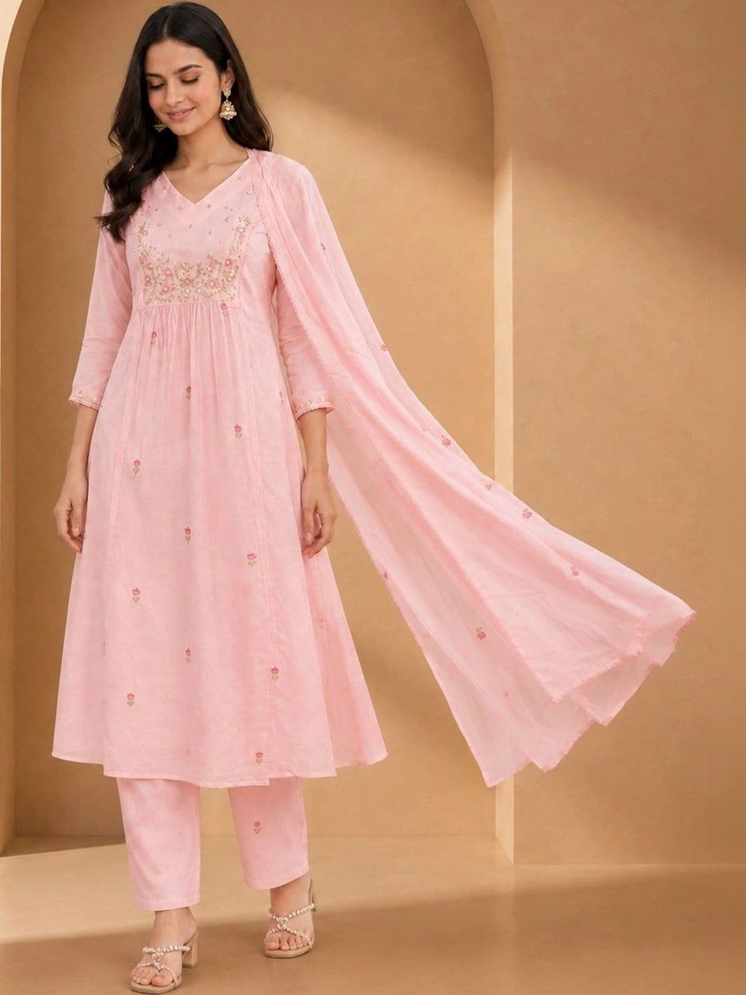 Sangria Women Floral Embroidered Empire Thread Work Pure Cotton Kurta with Trousers & With Dupatta - view 1