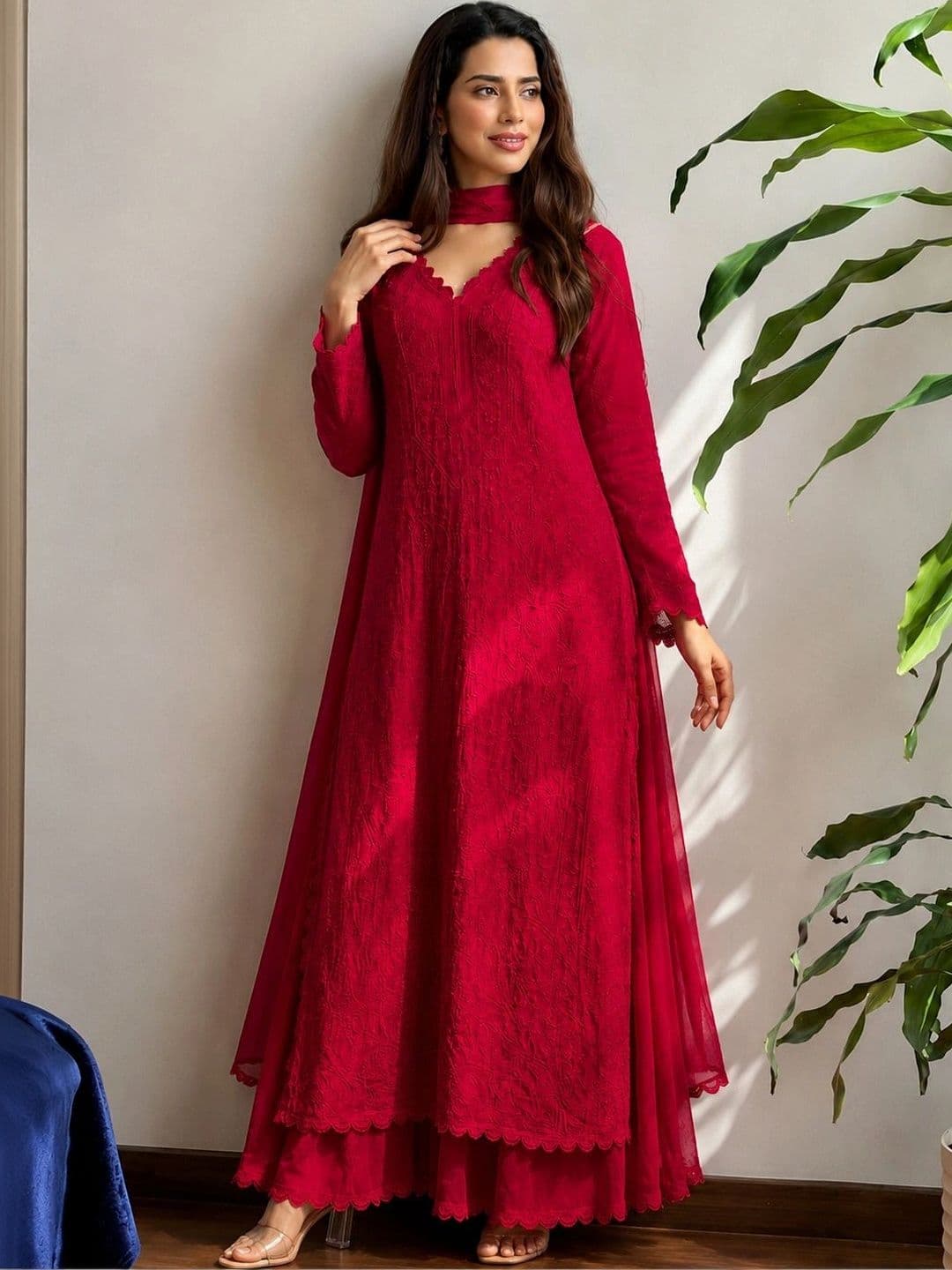 Meghrika Ethnics Women Ethnic Motifs Embroidered Regular Thread Work Kurta with Palazzos & With Dupatta - view 1
