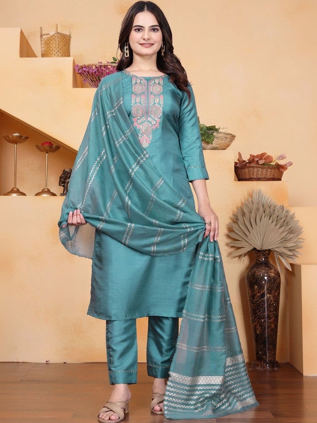 Sangria Women Ethnic Motifs Embroidered Regular Thread Work Kurta with Trousers & With Dupatta - view 1