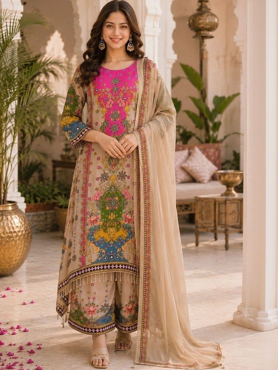 NORIVA Women Floral Printed Regular Silk Crepe Kurta with Trousers & With Dupatta - view 1