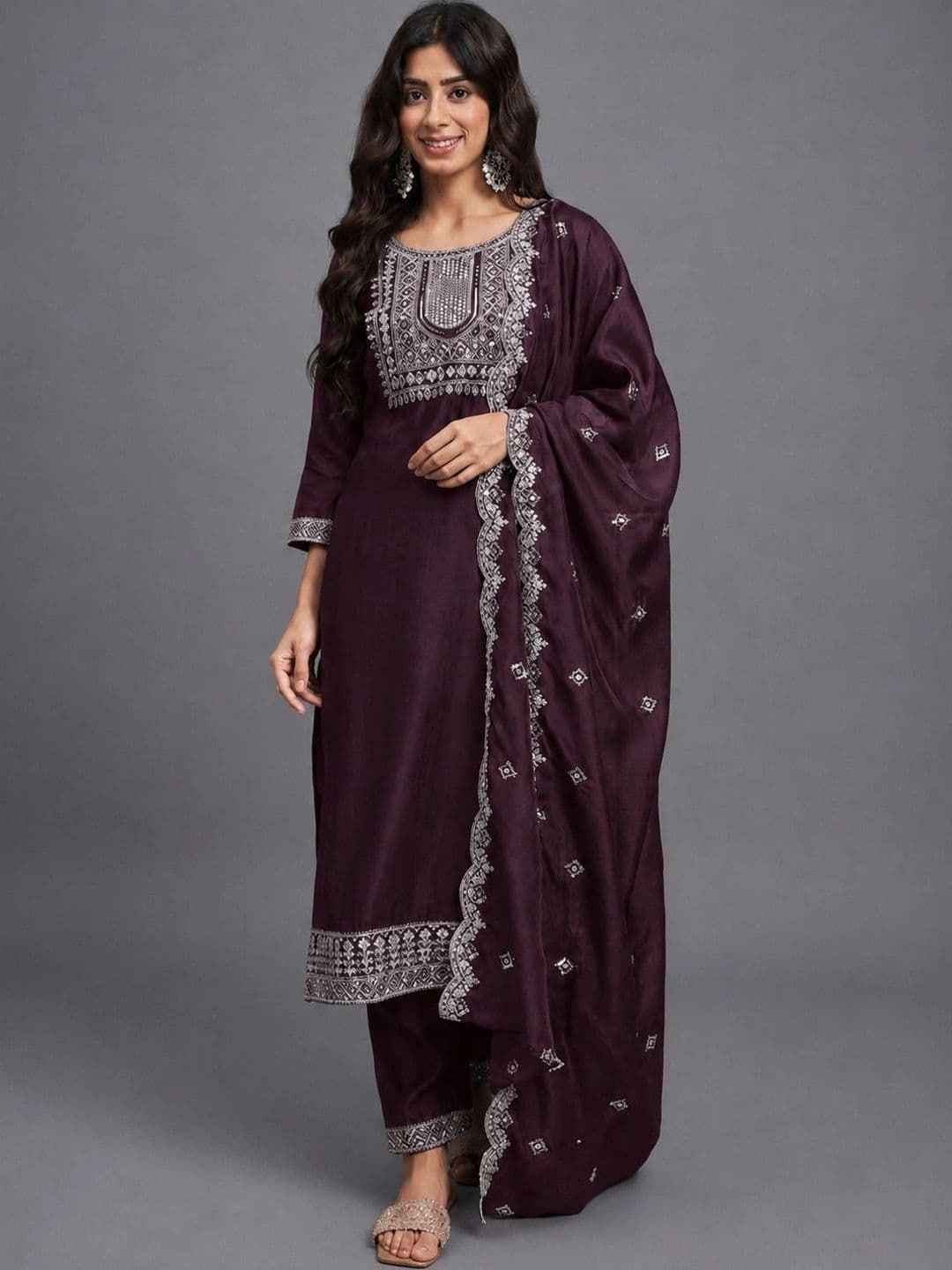 Ethnic 3 You Women Ethnic Motifs Embroidered Regular Thread Work Kurta with Trousers & With Dupatta - view 1