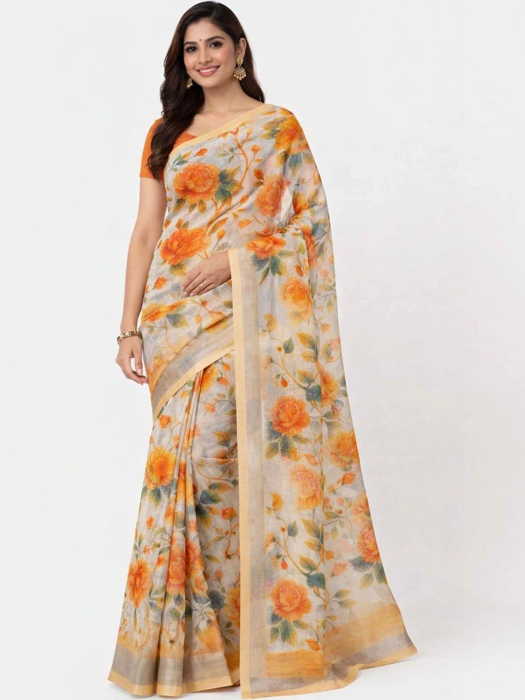 alkaa fashion Floral Linen Blend Saree - view 1