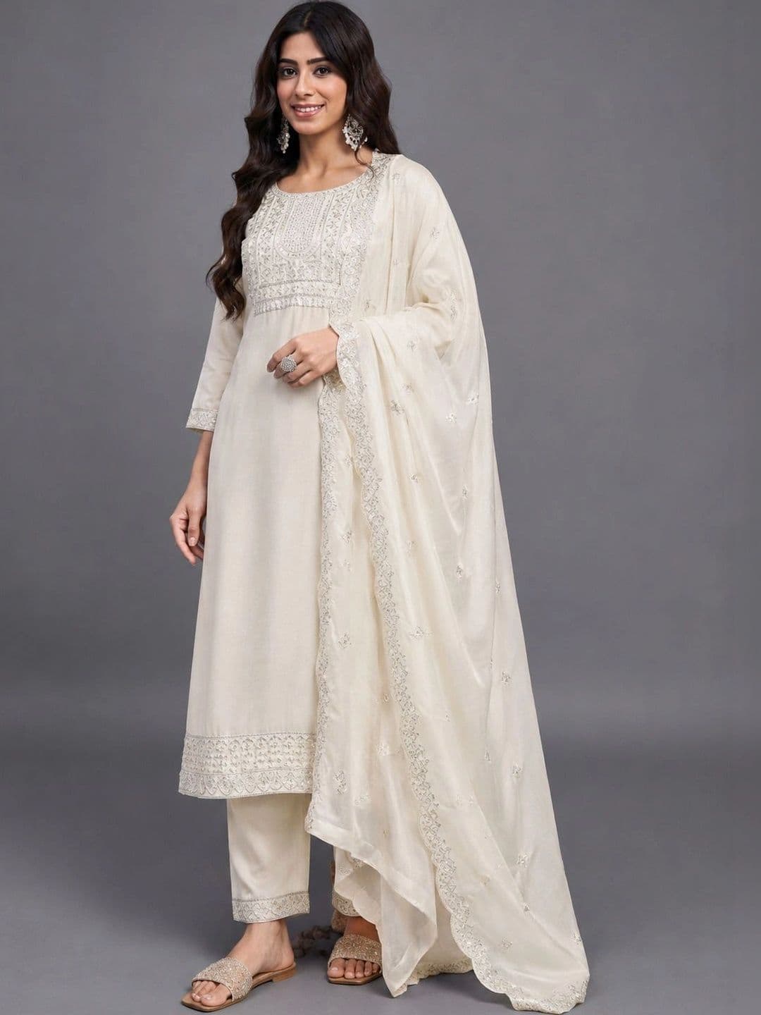Ethnic 3 You Women Ethnic Motifs Embroidered Regular Thread Work Kurta with Trousers & With Dupatta - view 1