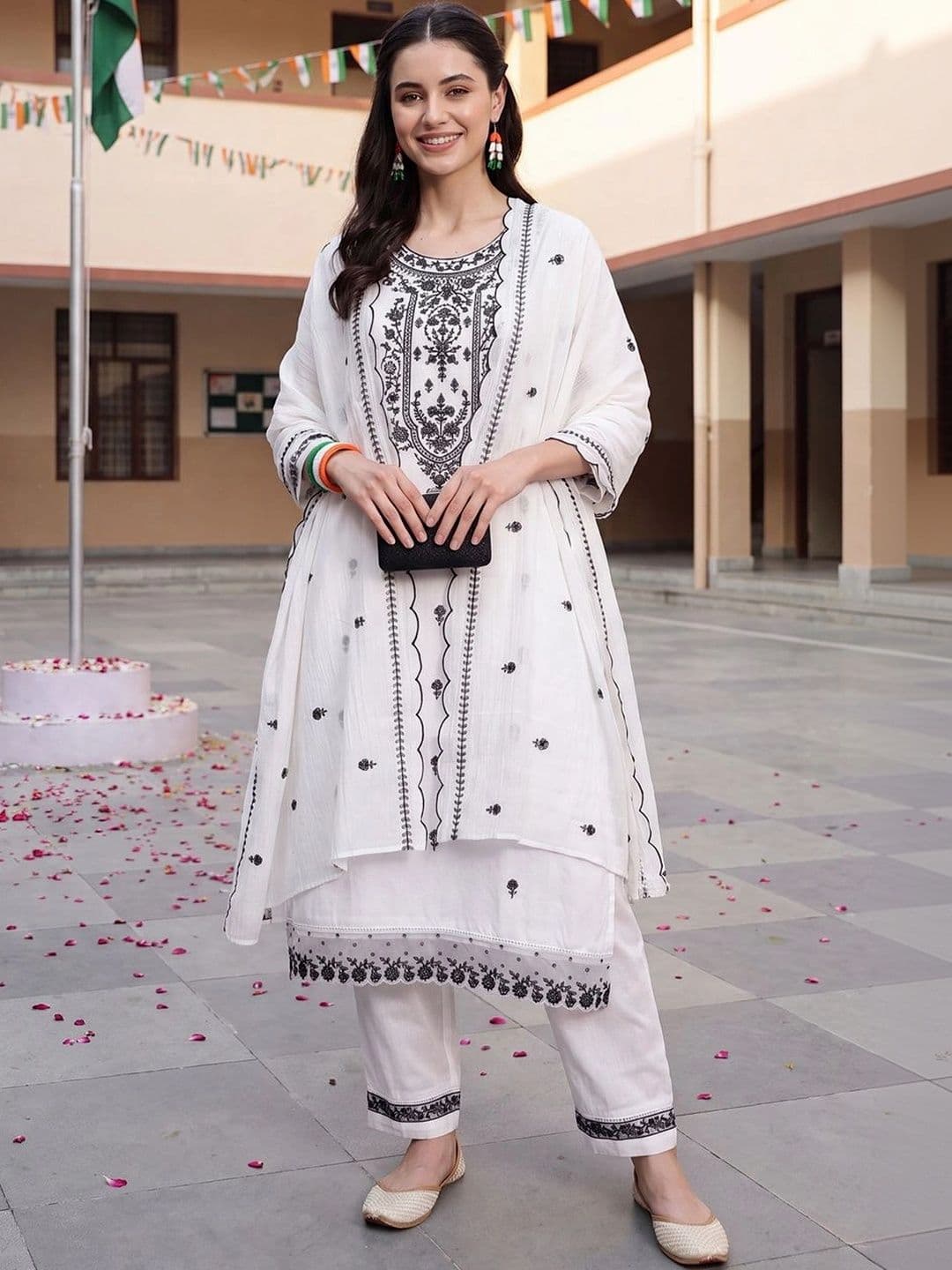 Indo Era Women Ethnic Motifs Embroidered Regular Thread Work Pure Cotton Kurta with Trousers & With Dupatta - view 1